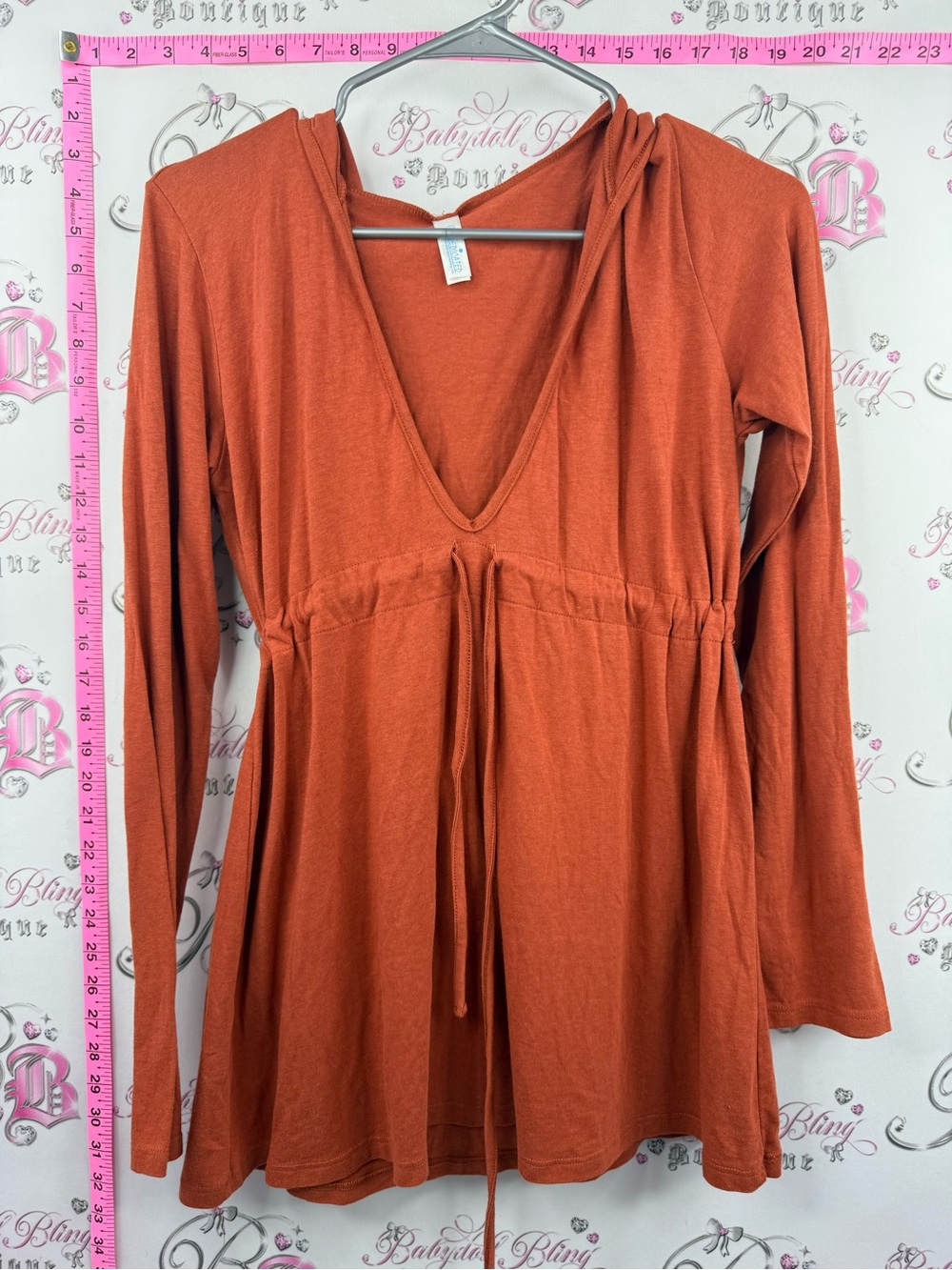 DEDICATED babydoll top tie orange Women's Rust V-Neck Drawstring Tunic Top